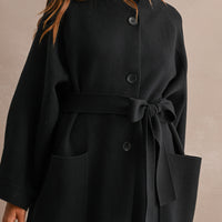 Black Stand Collar Belted Long Coat – Relaxed Fit Women's Coat