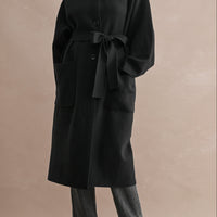 Black Stand Collar Belted Long Coat – Relaxed Fit Women's Coat