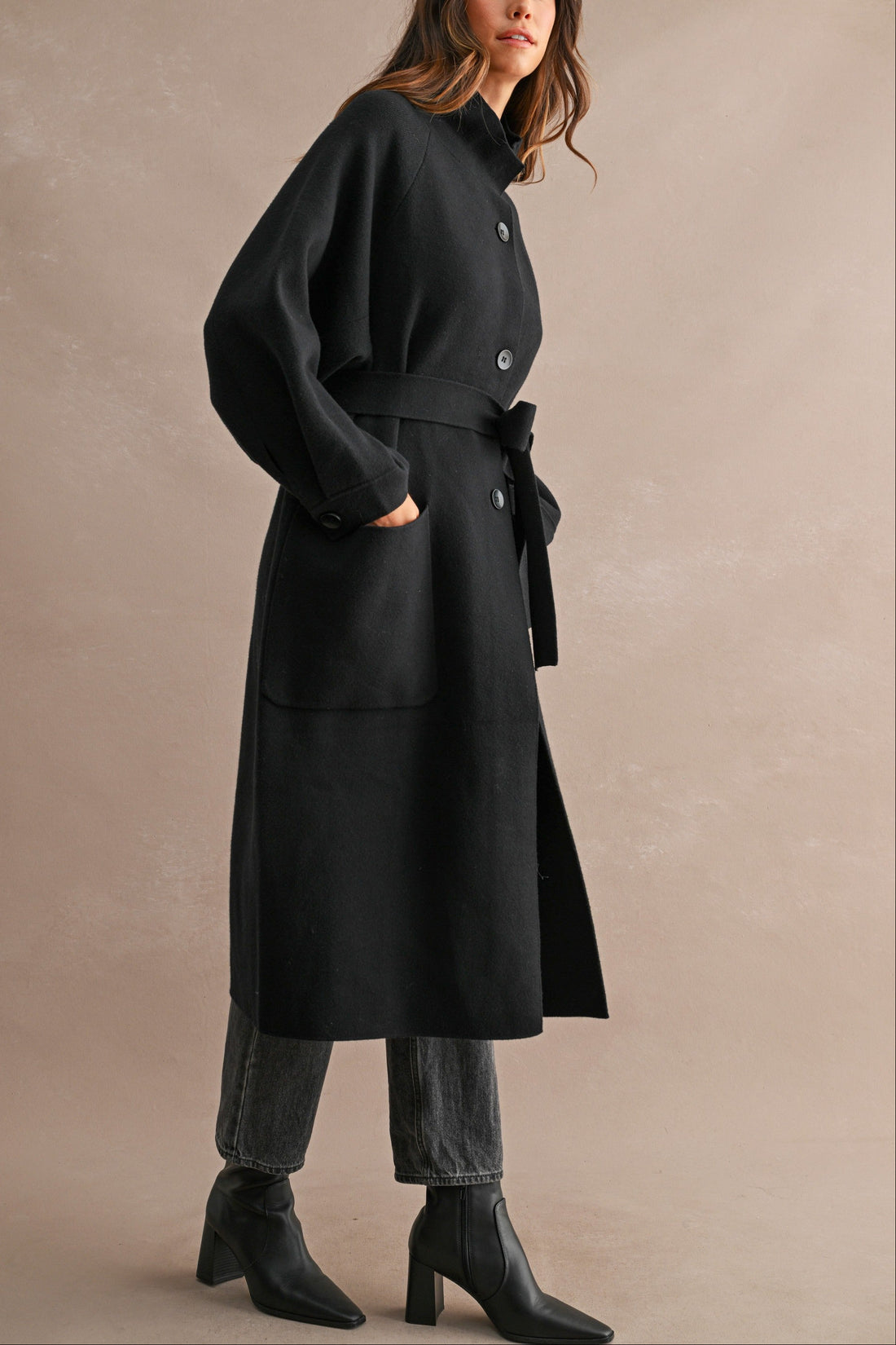 Black Stand Collar Belted Long Coat – Relaxed Fit Women's Coat