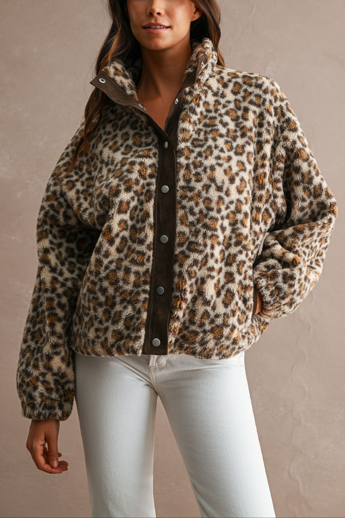 Leopard sherpa snap-front jacket, relaxed front view