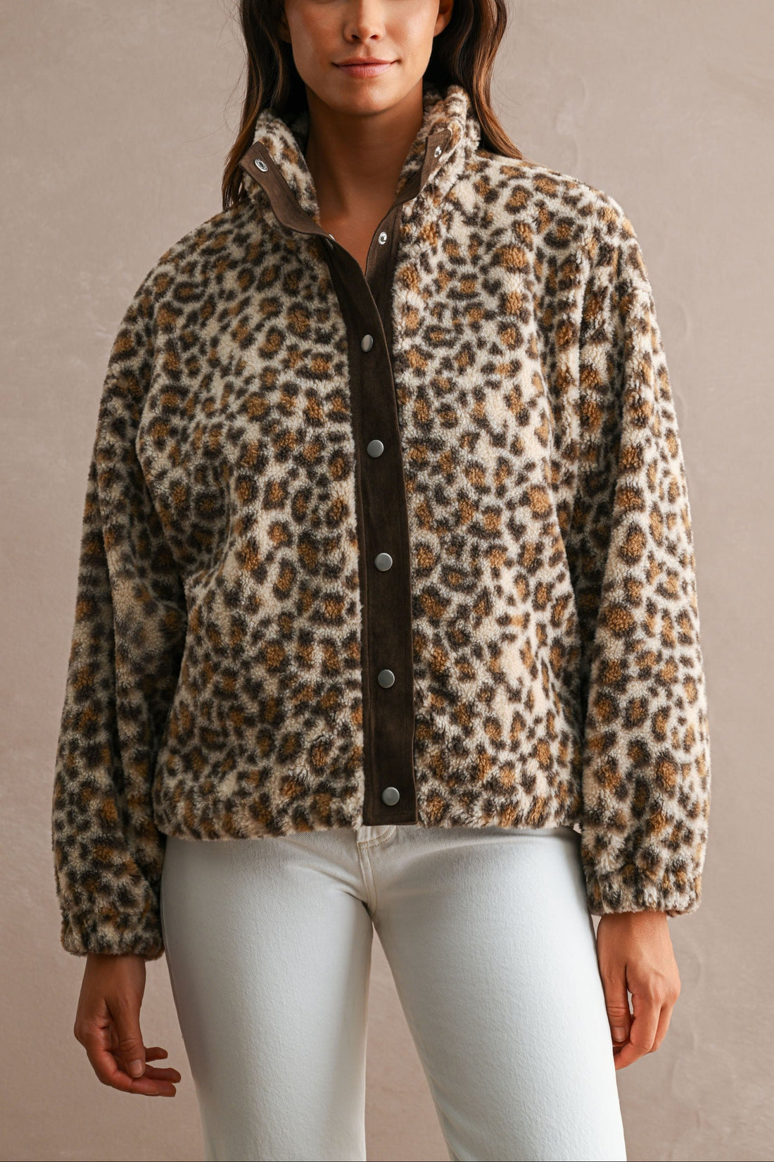 Leopard sherpa funnel collar jacket, straight front view