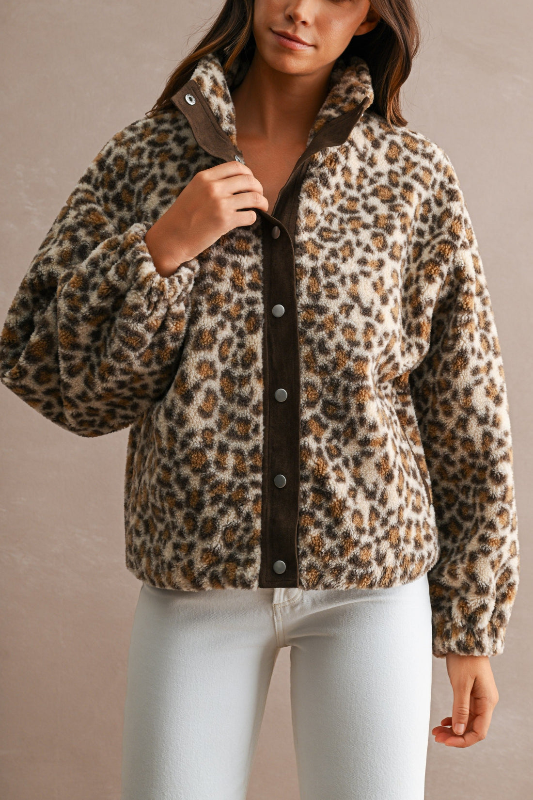 Leopard print sherpa jacket, angled front view