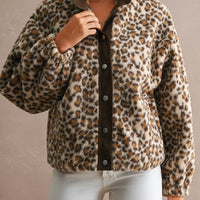 Leopard print sherpa jacket, angled front view