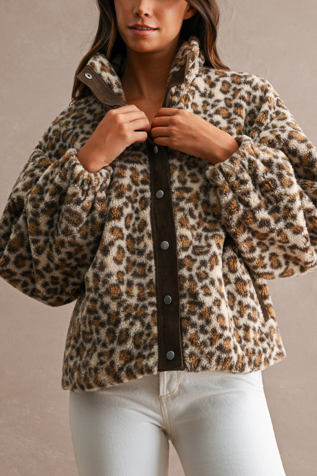 Leopard sherpa jacket with contrast placket, collar detail on model