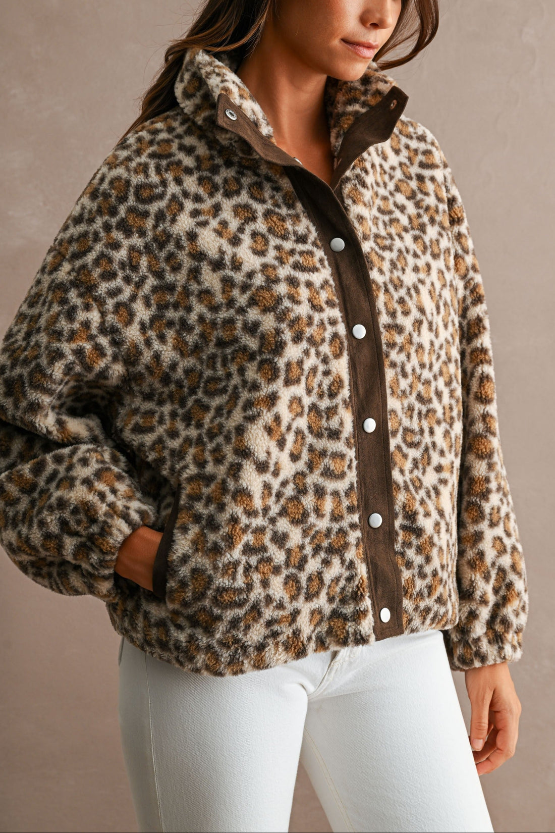 Leopard sherpa snap jacket with side pockets, front view