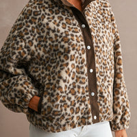 Leopard sherpa snap jacket with side pockets, front view