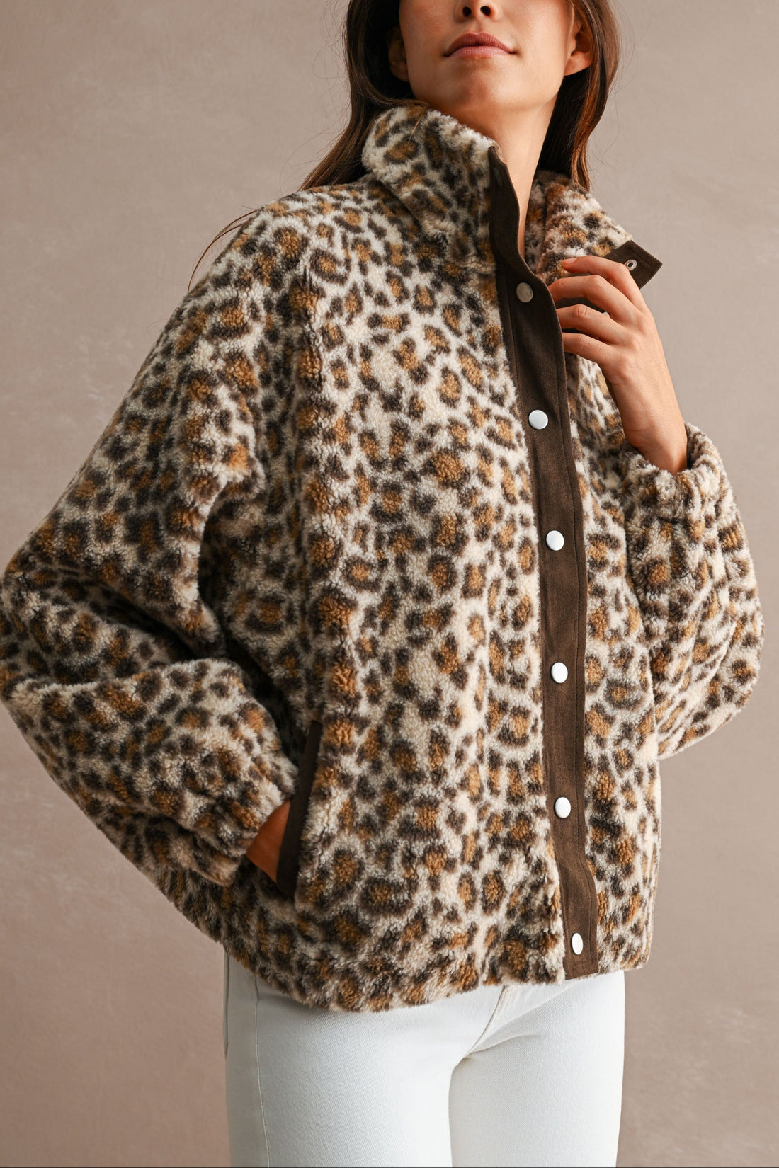 Leopard sherpa funnel neck jacket, angled close view