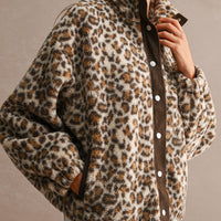Leopard sherpa funnel neck jacket, angled close view