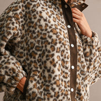Leopard print sherpa jacket, texture and placket close view