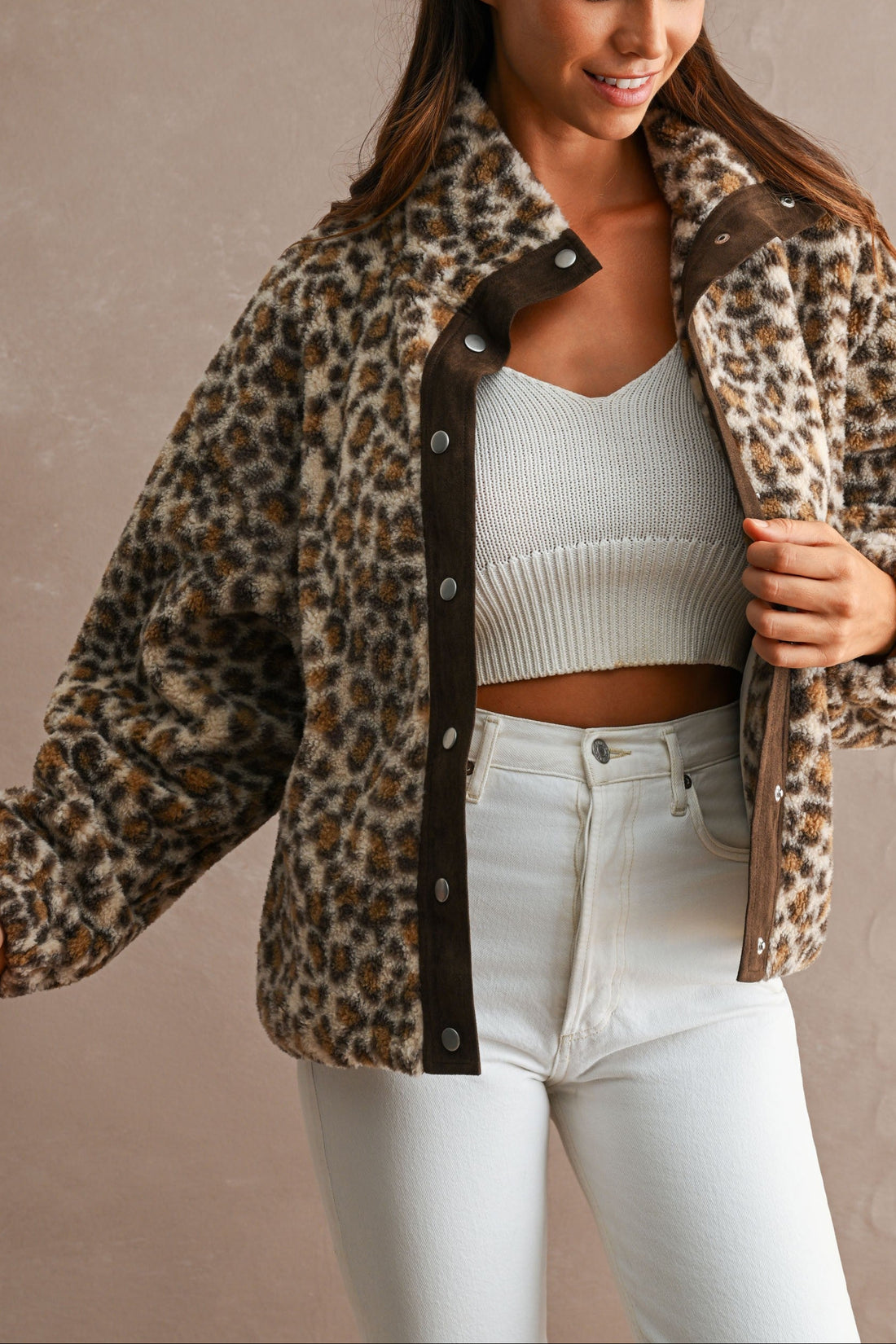 Leopard sherpa snap jacket, walking front view