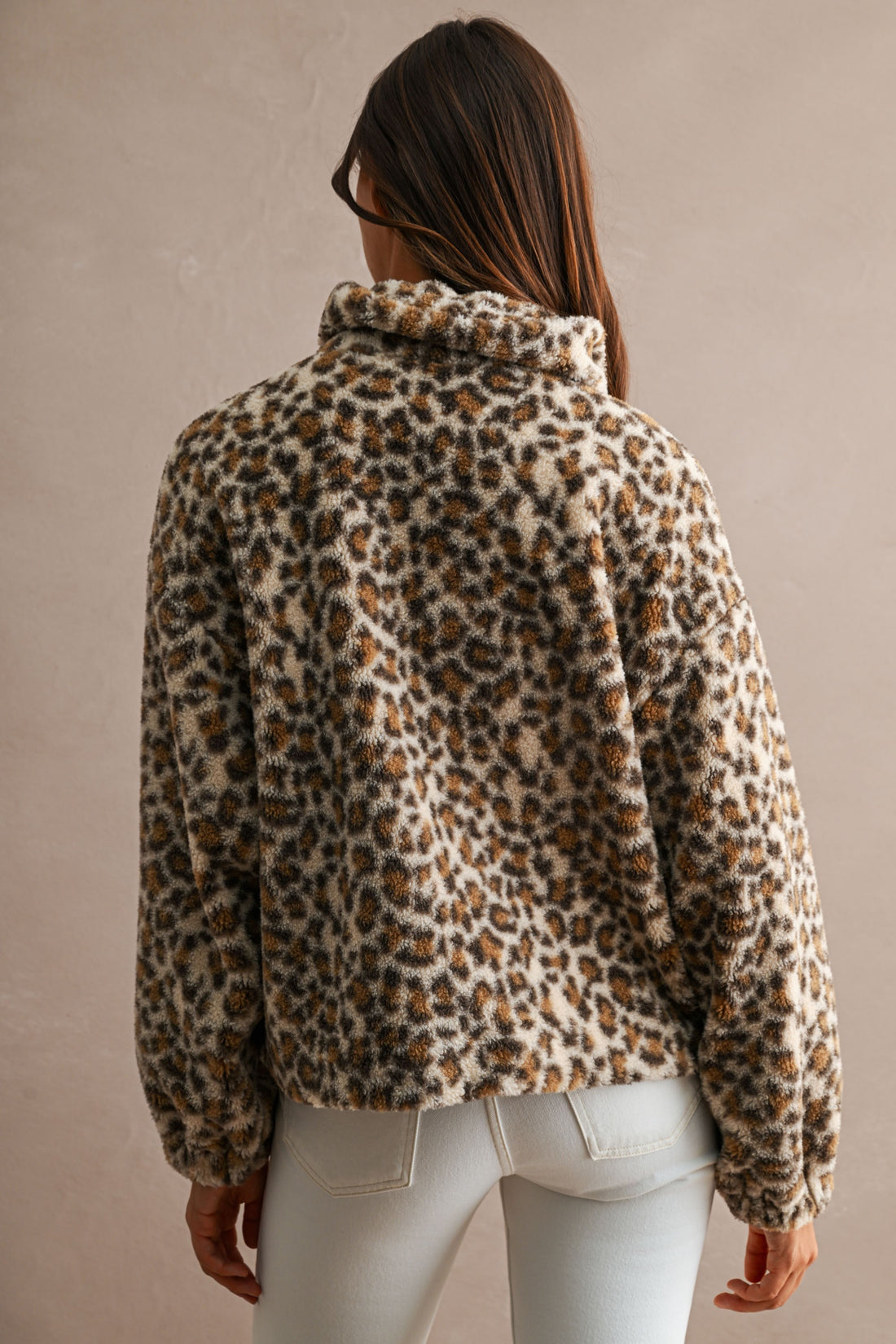 Leopard print sherpa jacket, back view