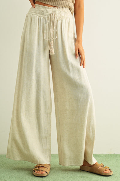 Breezy Smocked Wide Leg Linen Blend Pants
