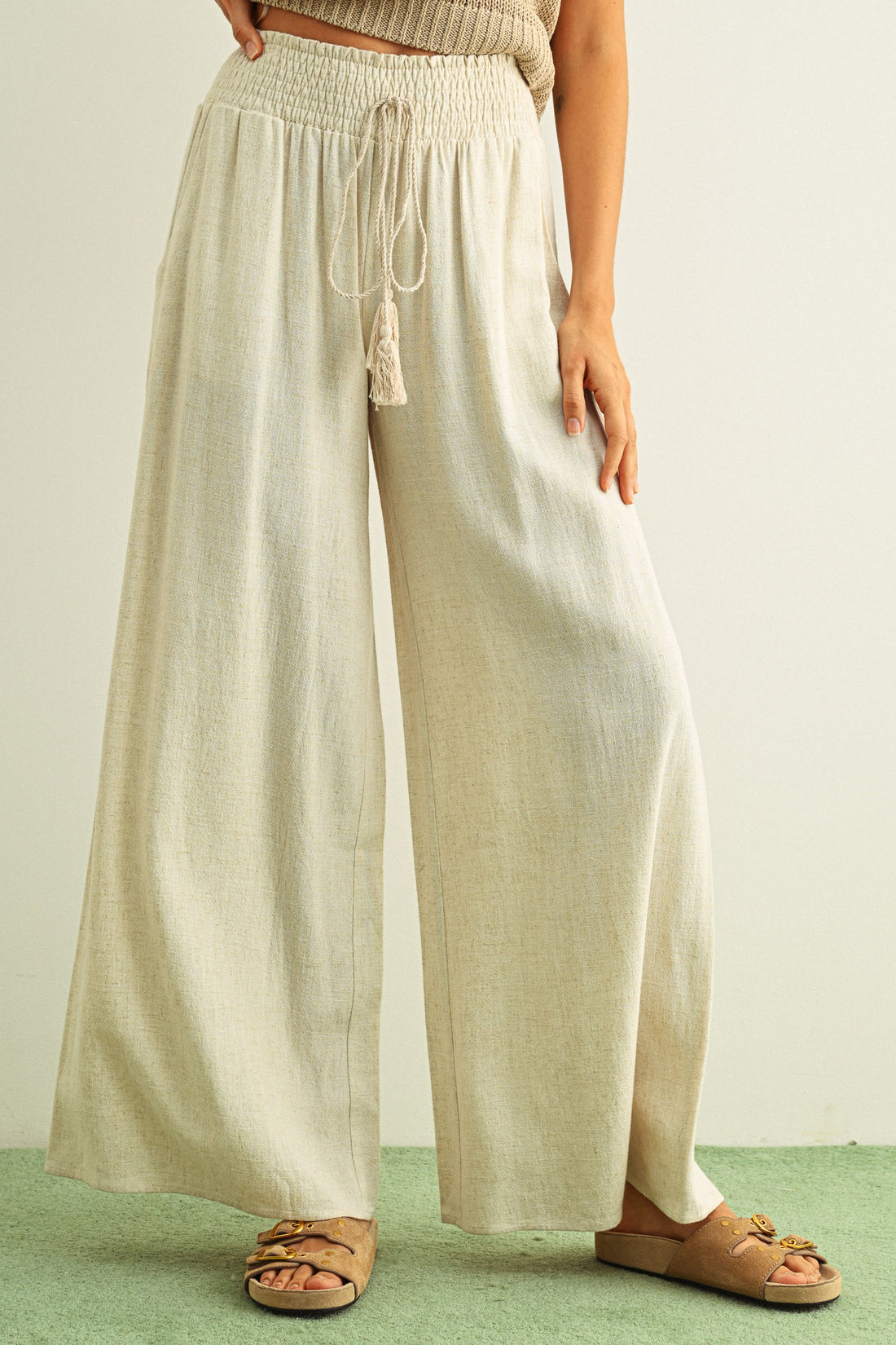 Breezy Smocked Wide Leg Linen Blend Pants