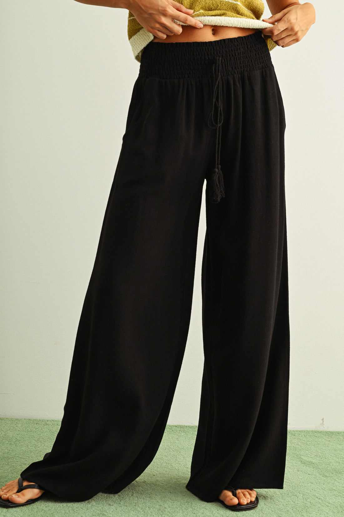 Breezy Smocked Wide Leg Linen Blend Pants