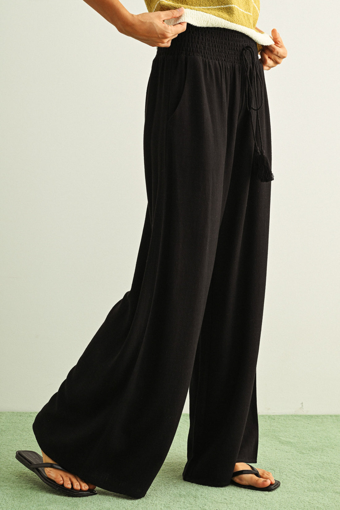 Breezy Smocked Wide Leg Linen Blend Pants
