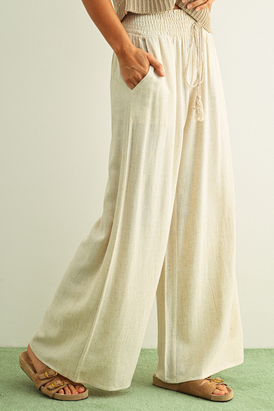 Breezy Smocked Wide Leg Linen Blend Pants