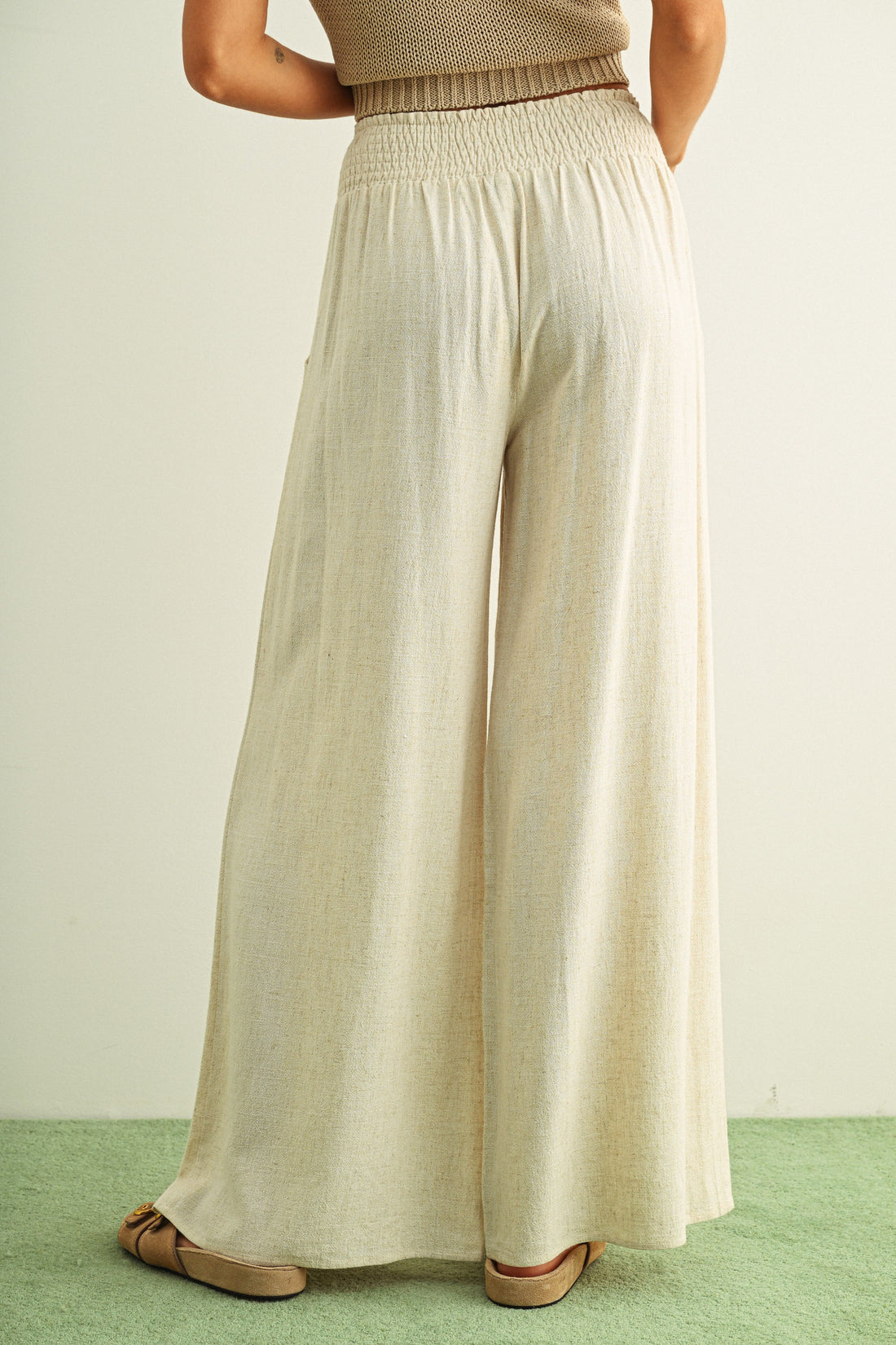 Breezy Smocked Wide Leg Linen Blend Pants