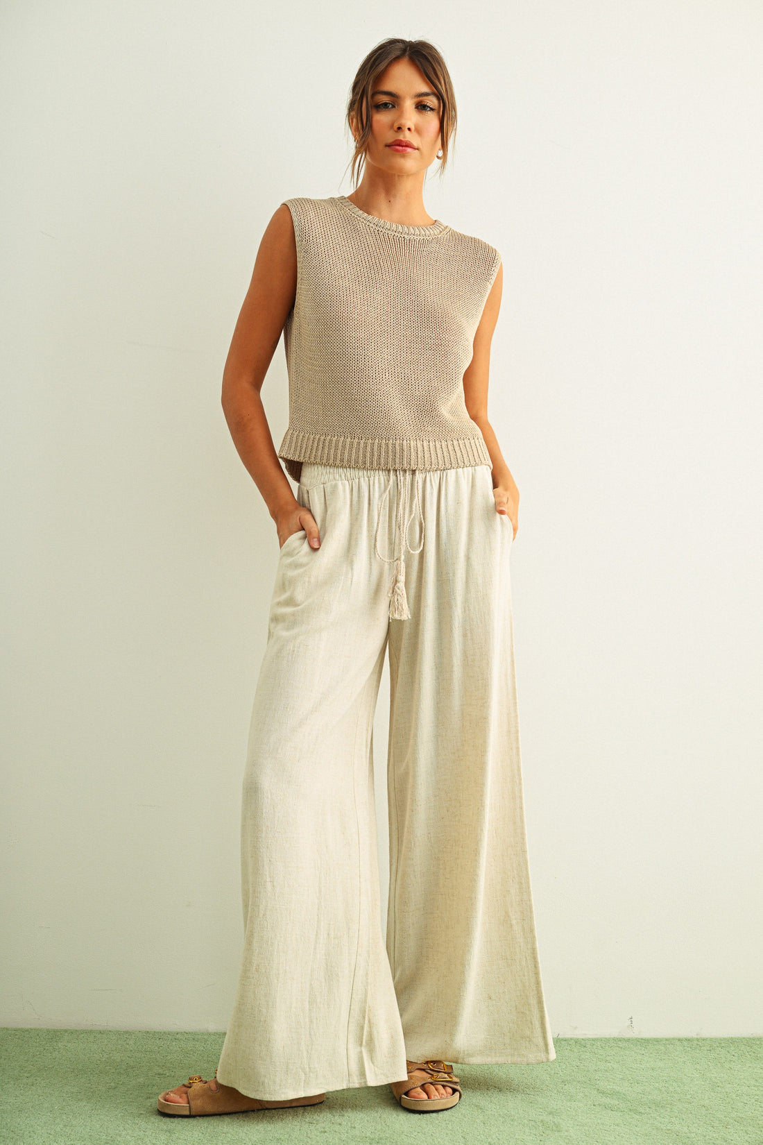 Breezy Smocked Wide Leg Linen Blend Pants