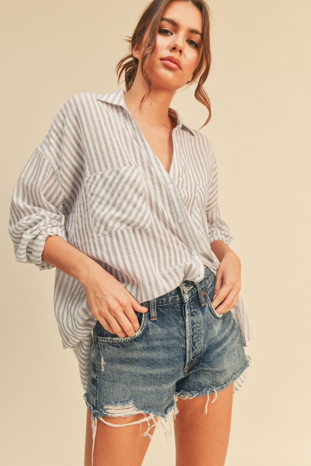 Coastal Stripe Oversized Cotton Button-Up Shirt