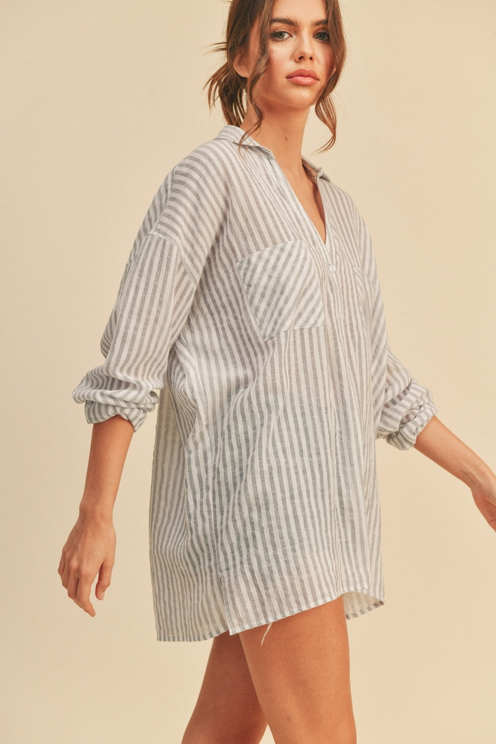 Coastal Stripe Oversized Cotton Button-Up Shirt
