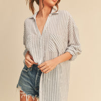 Coastal Stripe Oversized Cotton Button-Up Shirt