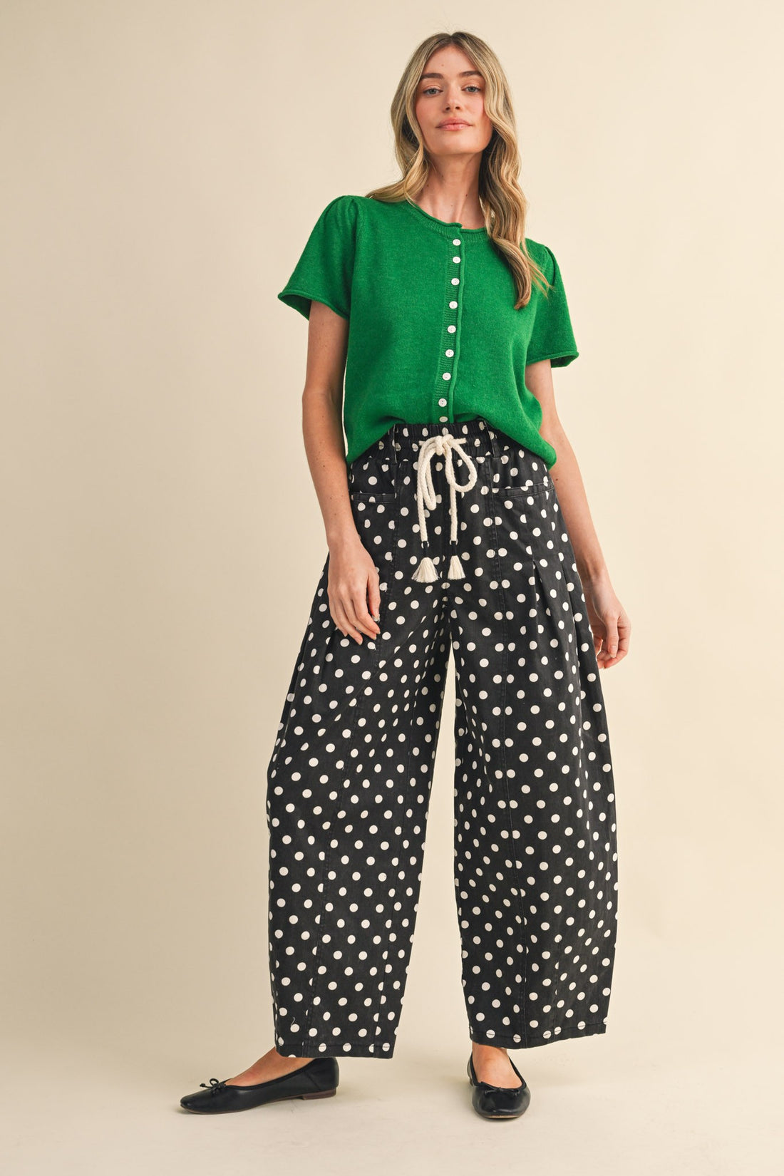 Polka Dot Pleated Barrel Pants