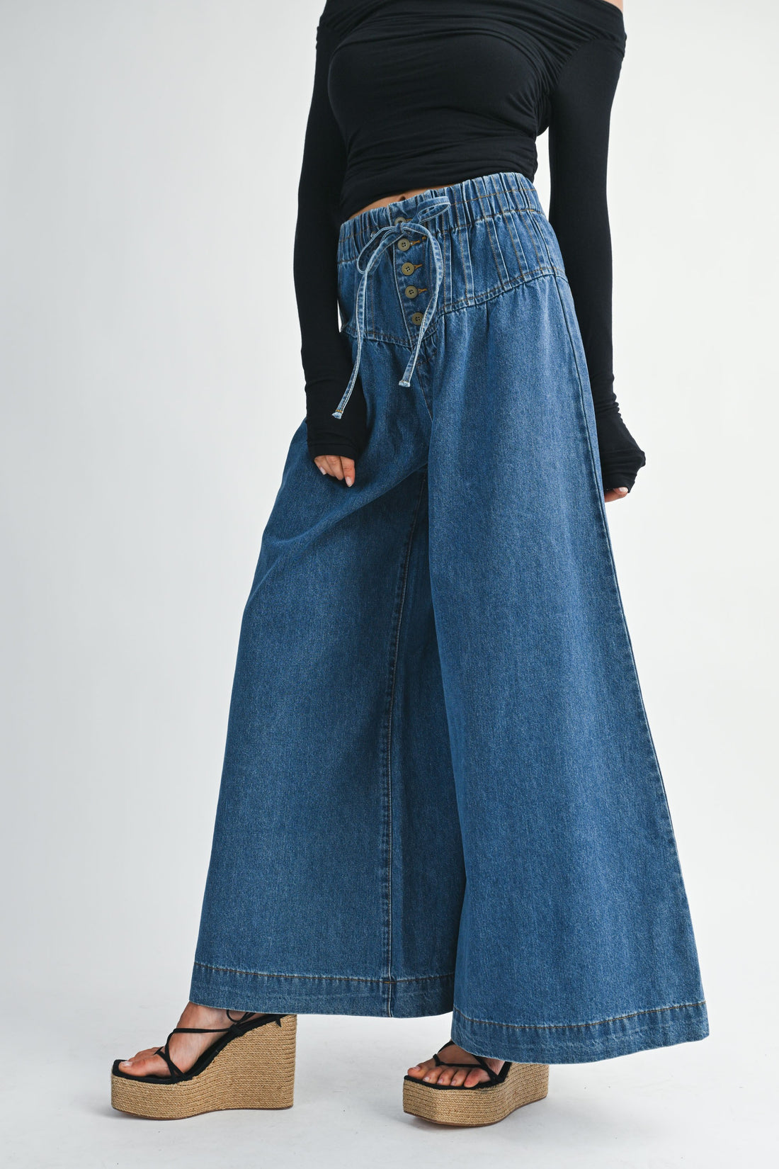 High-Waist Drawstring Wide-Leg Denim
