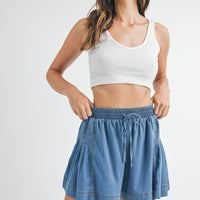 Side Pleated Flare Denim Shorts