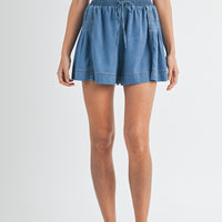 Side Pleated Flare Denim Shorts