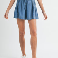 Side Pleated Flare Denim Shorts