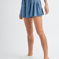 Side Pleated Flare Denim Shorts