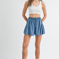 Side Pleated Flare Denim Shorts