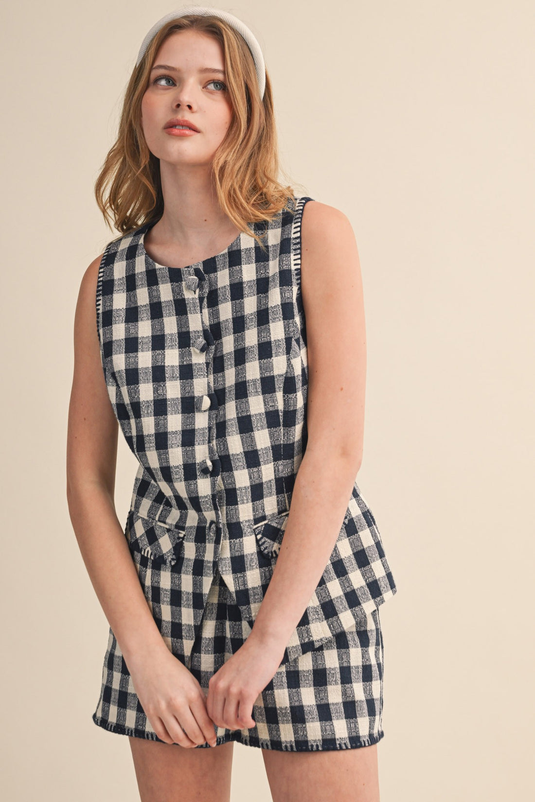 Gingham Button Front Vest & Shorts Set
