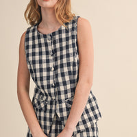 Gingham Button Front Vest & Shorts Set
