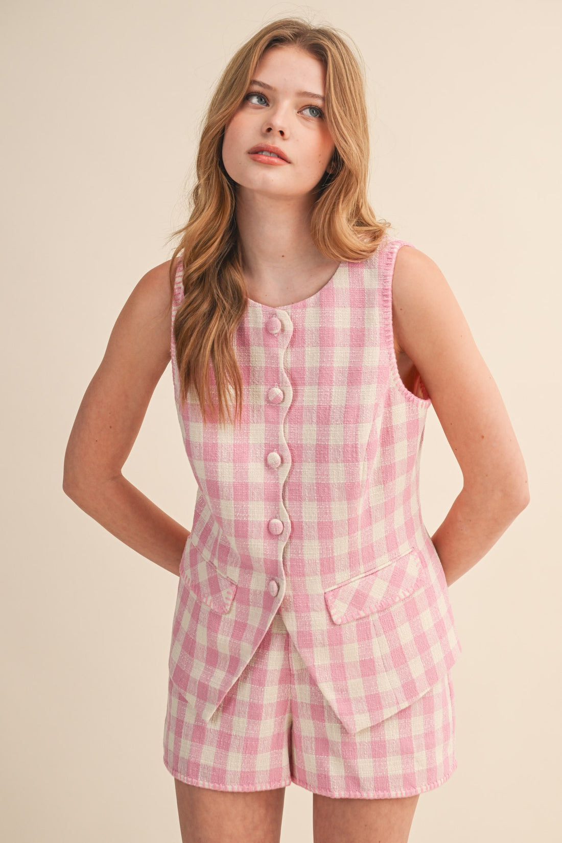 Gingham Button Front Vest & Shorts Set
