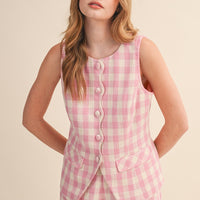 Gingham Button Front Vest & Shorts Set