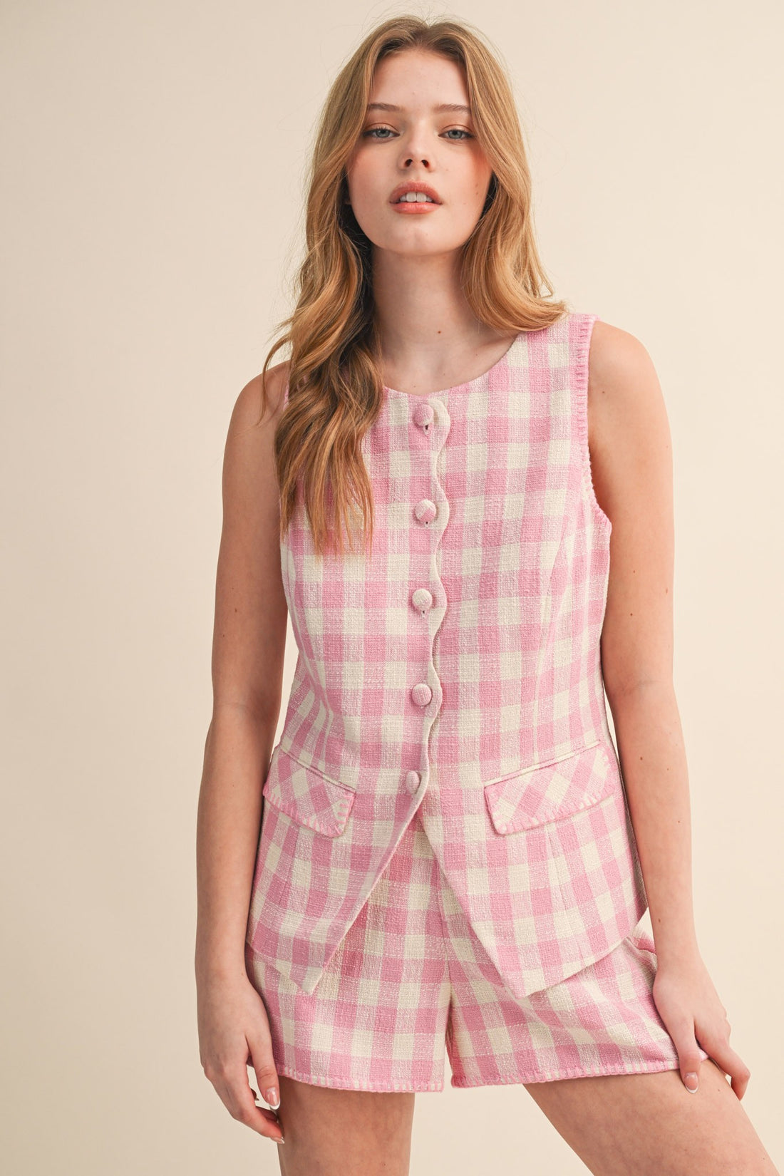 Gingham Button Front Vest & Shorts Set