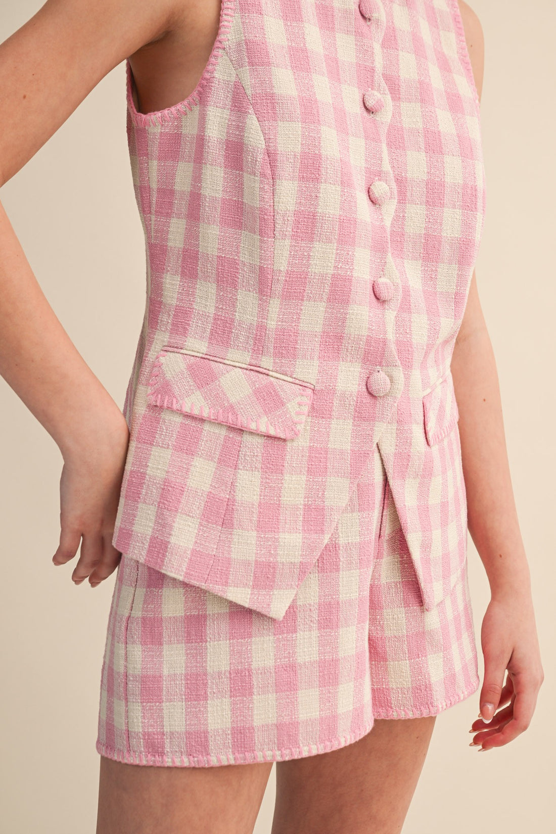 Gingham Button Front Vest & Shorts Set