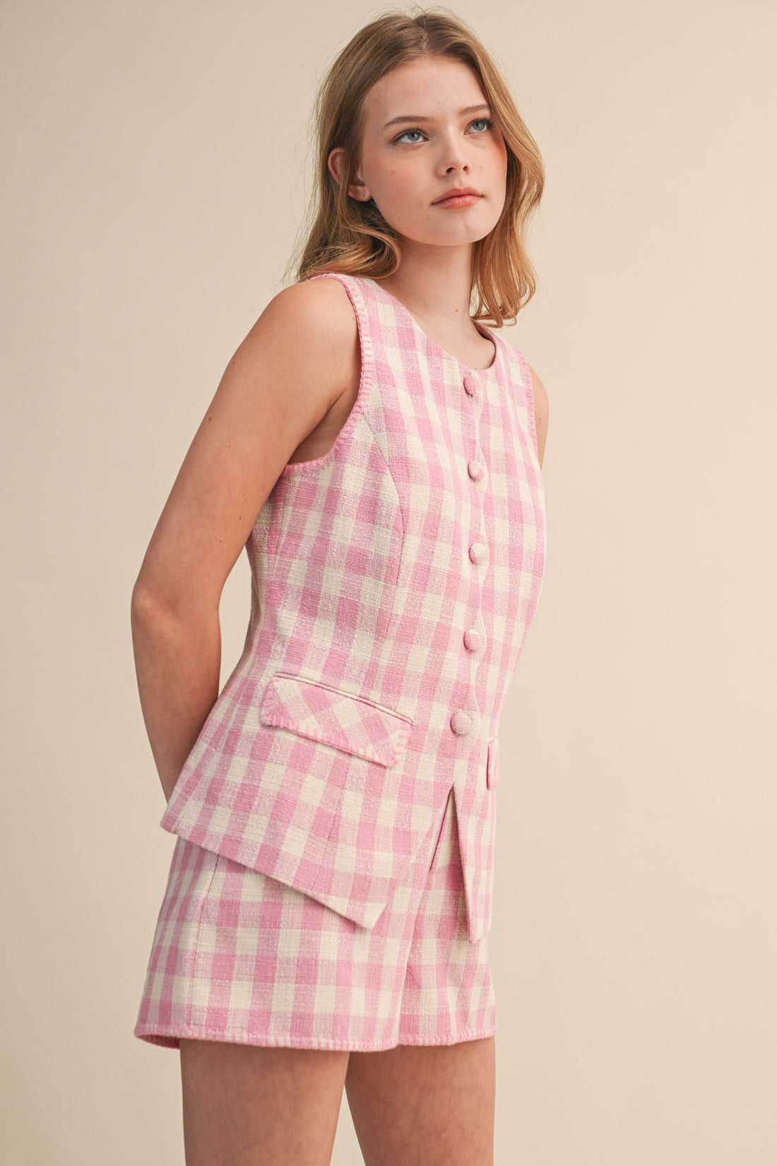 Gingham Button Front Vest & Shorts Set