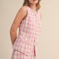 Gingham Button Front Vest & Shorts Set