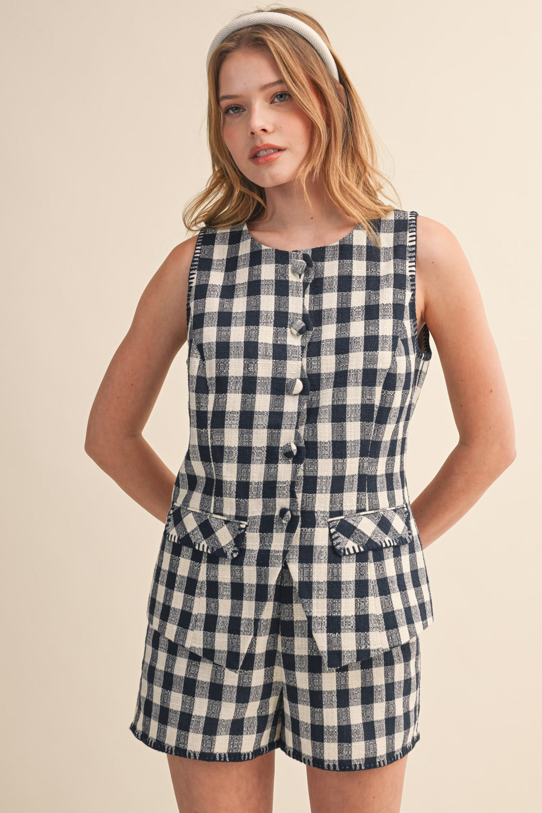 Gingham Button Front Vest & Shorts Set
