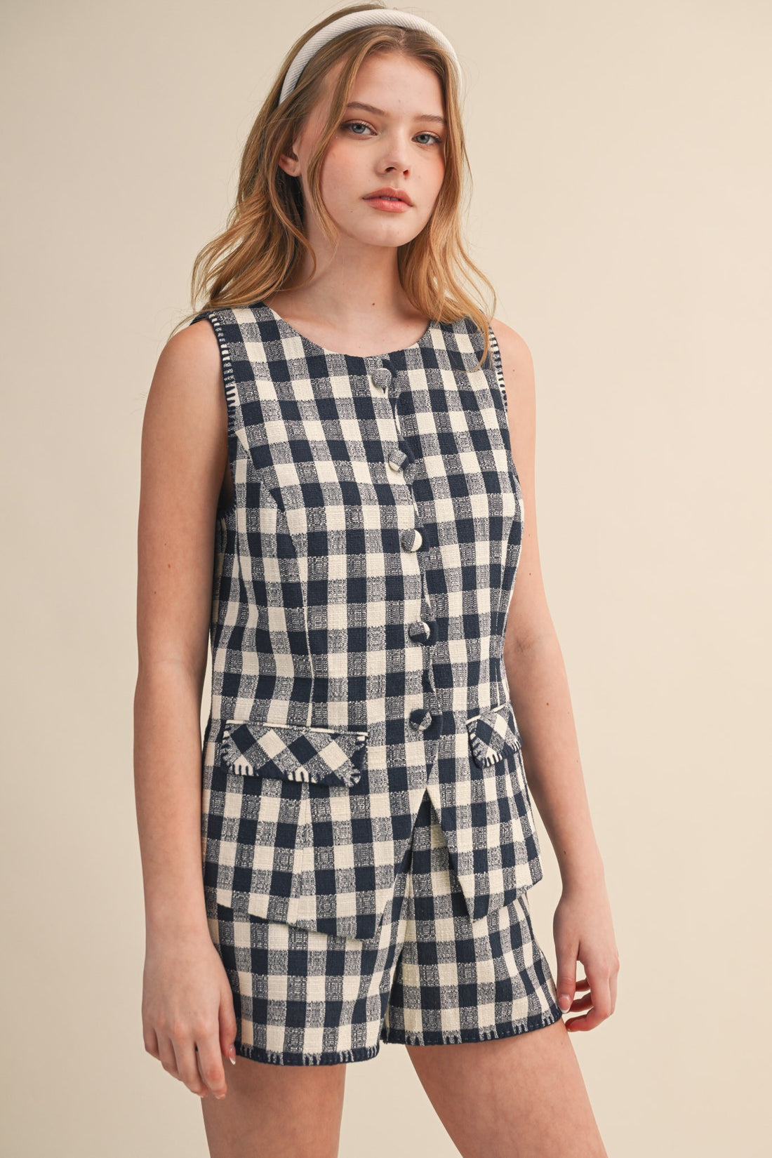 Gingham Button Front Vest & Shorts Set