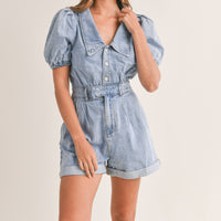 Cute Collared Puff Sleeve Denim Romper