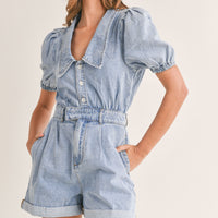 Cute Collared Puff Sleeve Denim Romper