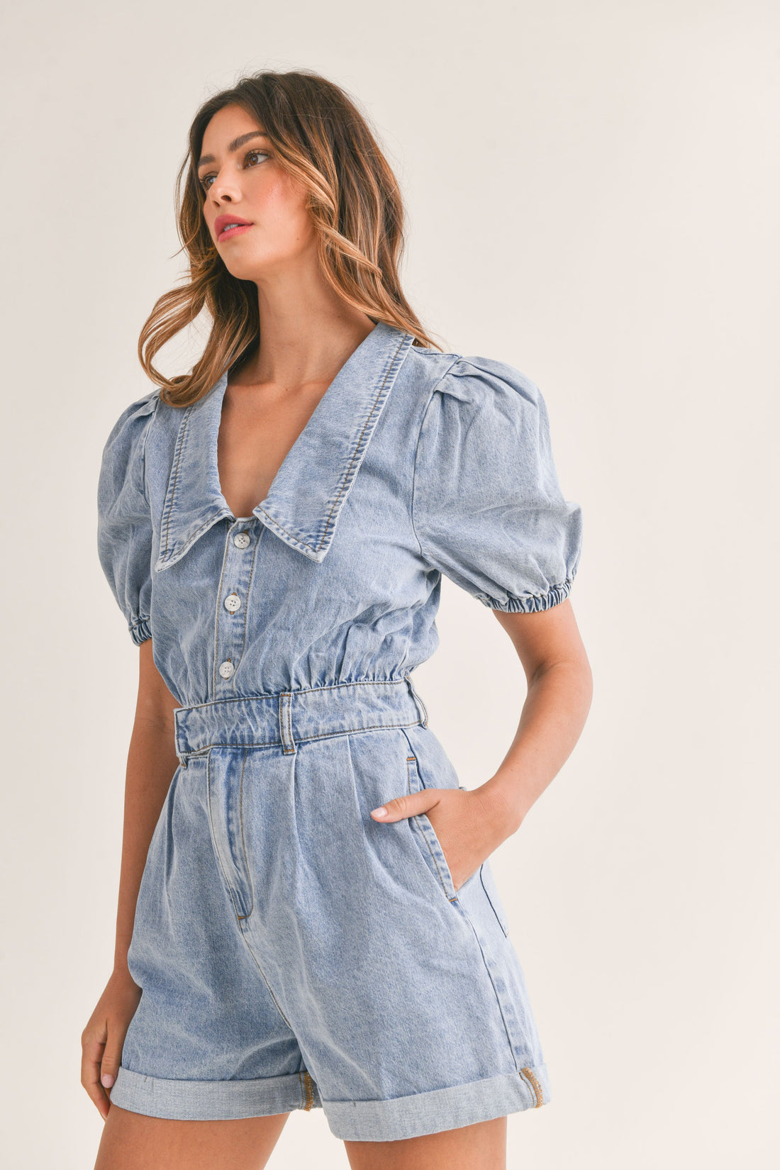 Cute Collared Puff Sleeve Denim Romper