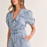 Cute Collared Puff Sleeve Denim Romper