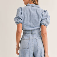 Cute Collared Puff Sleeve Denim Romper