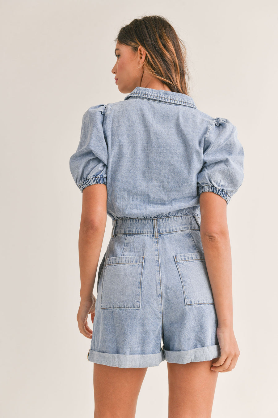 Cute Collared Puff Sleeve Denim Romper