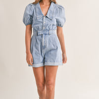 Cute Collared Puff Sleeve Denim Romper