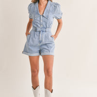 Cute Collared Puff Sleeve Denim Romper